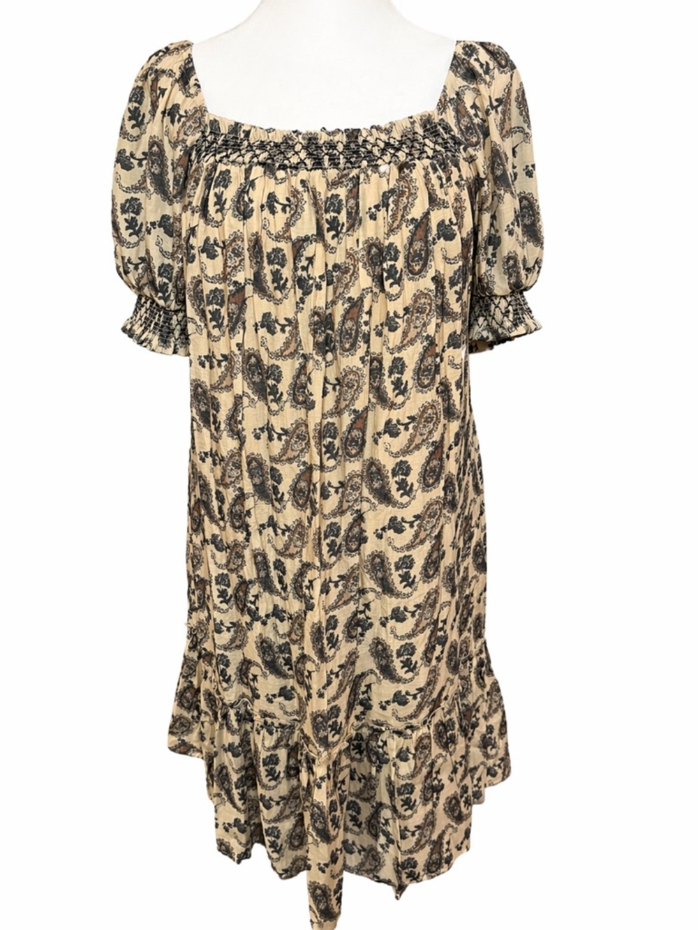Indigo Rose Paisley Boho Peasant Dress 1X Smocked Puff Sleeve Cottagecore